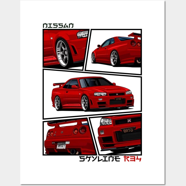 Nissan Skyline r34 GTR Red, JDM Car Wall Art by T-JD